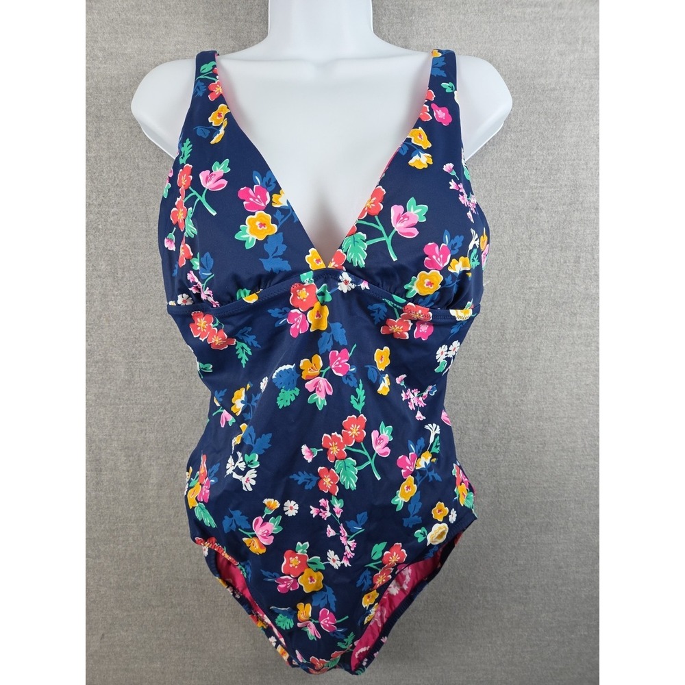 Vera Bradley Floral One Piece Bathing Swimsuit Navy Blue Pink V-Neck Size 16 NEW
